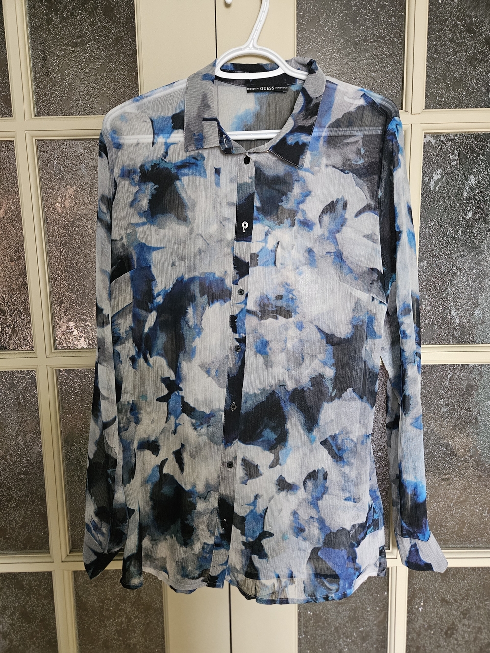 Guess Blue Black White Sheer Button-Up Blouse